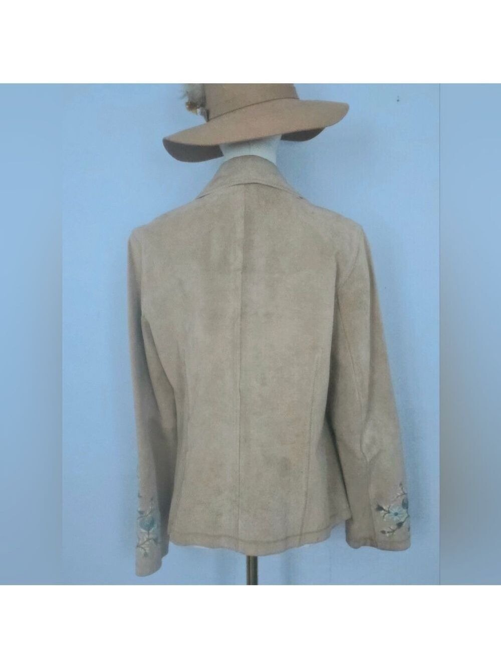 Tan Suede Floral Embroiderd Cuff Blazer Jacket Size M - Picture 2 of 15